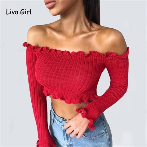 2017 sexy slash neck short crop tops long sleeve bandage knitted top