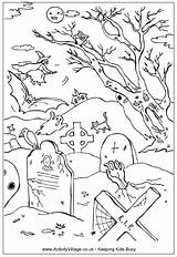 Halloween Coloring Graveyard Colouring Pages Grave Spooky Ghost Kids Cemetery Colour Print Book Tombstones Haunted Activity Sheets Scene Drawings Adult sketch template