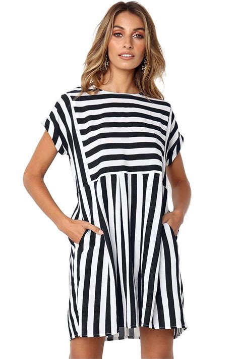 hualong short sleeve black and white striped dress