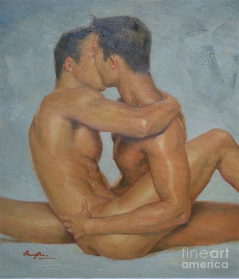 Original Man Oil Painting Gay Body Art Two Male Nude On