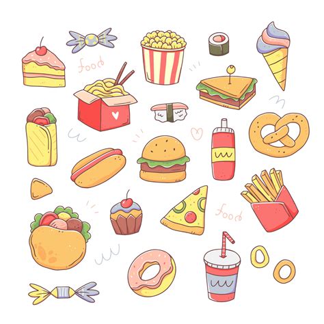 fast food set  elements   cute kawaii doodle style vector