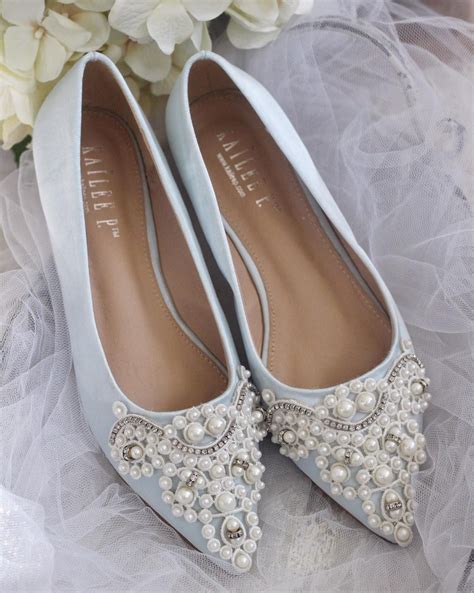 light blue satin pointy toe satin flats  oversized applique   wedding shoes