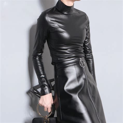 Japanese Style Black Faux Leather Pu Tee Top Long Sleeve T Shirt