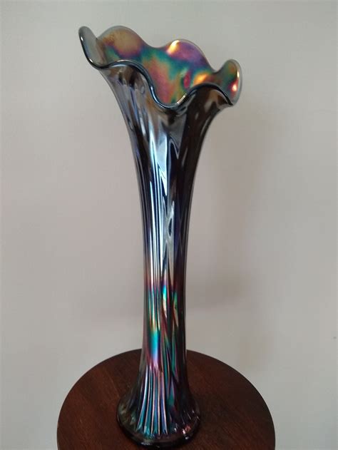 Fenton Iridescent Blue Carnival Glass Stretched Swung Vase Spearhead