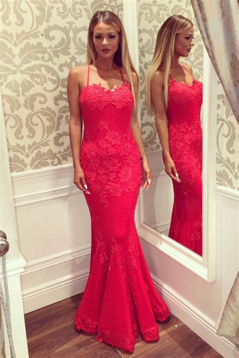 Sexy Mermaid Red Lace Appliques Evening Gowns Prom Formal