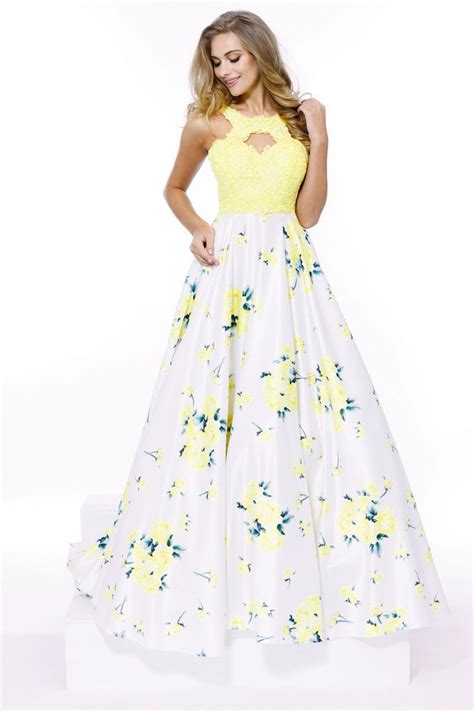 long yellow floral print open  formal prom dress floral prom