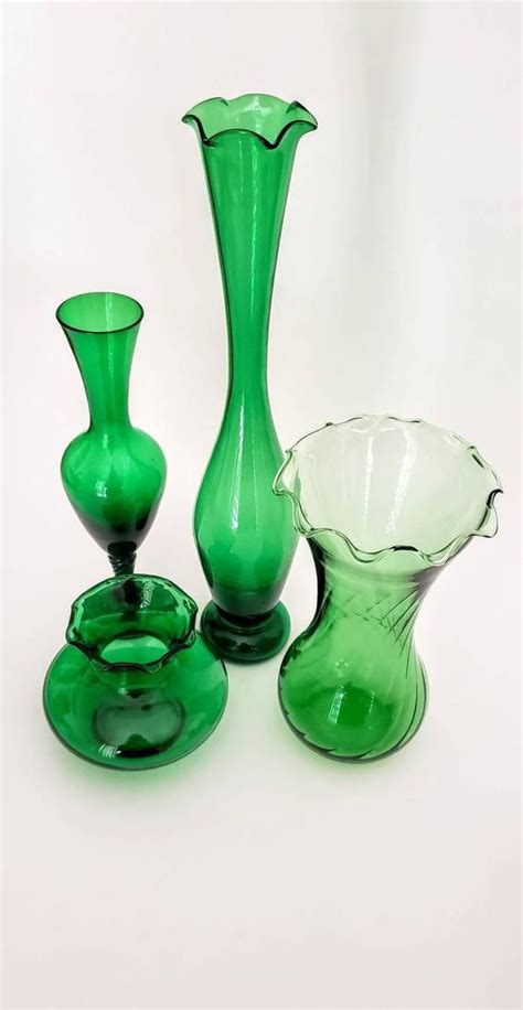 Vintage Green Glass Vases Set Of Four Emerald Green Etsy Green
