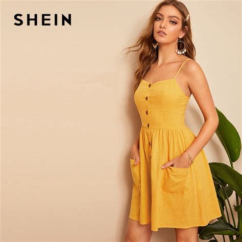 Shein Boho Yellow Sleeveless Pocket Patch Button Front Shirred Slip