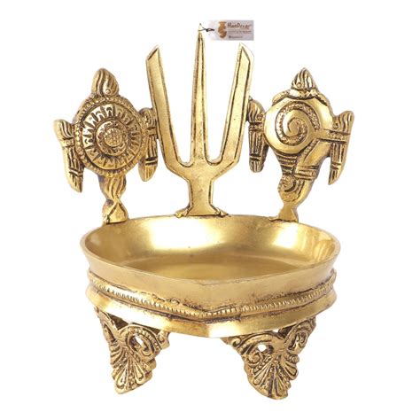shankh chakra namah design brass diya  carved legs
