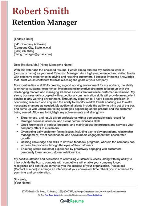retention manager cover letter examples qwikresume