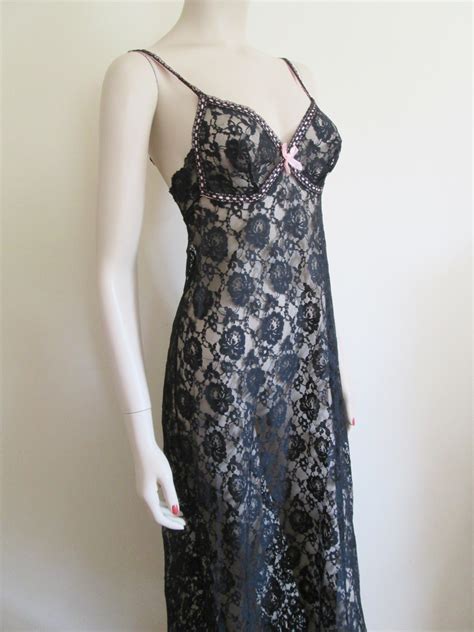 sexy black lace negligee vintage 1960s lingerie pink ribbon trim sold