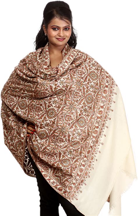 ivory original pure pashmina shawl  hand embroidered flowers