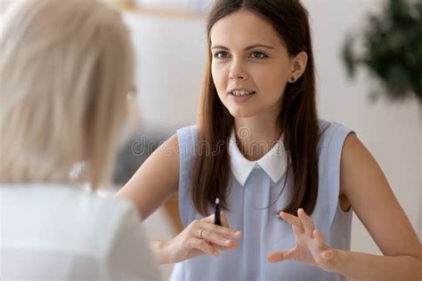 confident female employer interview candidate  meeting stock image