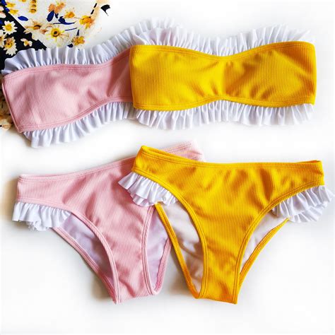 2018 sexy strapless bikini set women swimwear low waist ruffles bandeau