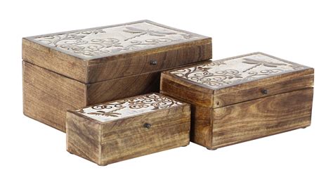 decmode set   rustic decor mango wood storage boxes  carved designed lids brown