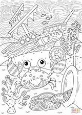 Coloring Sunken Ship Crab Treasure Pages Crabs Found Near Printable Coral Reef Drawing Crustacean Books Supercoloring sketch template