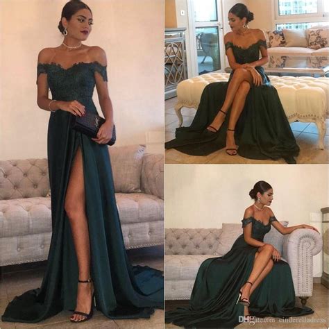 2019 sexy a line prom dresses hunter green high split cutout side slit lace top evening gown