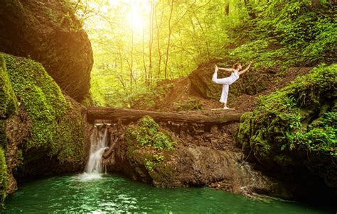 Wallpaper Forest Girl Trees Pose Waterfall Moss Mike