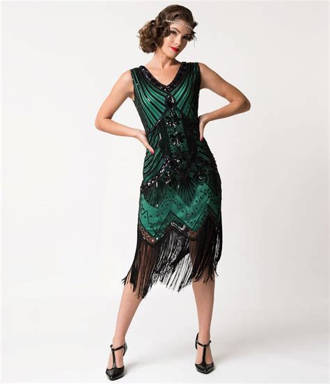 unique vintage veronique green and black sequin flapper dress