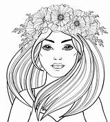 Coloring Girl Hair Long Beautiful Adult Pages Tattoo Young Poppies Book Antistress Doodle Wreath Poppy Drawn Hand раскраски Color Her sketch template