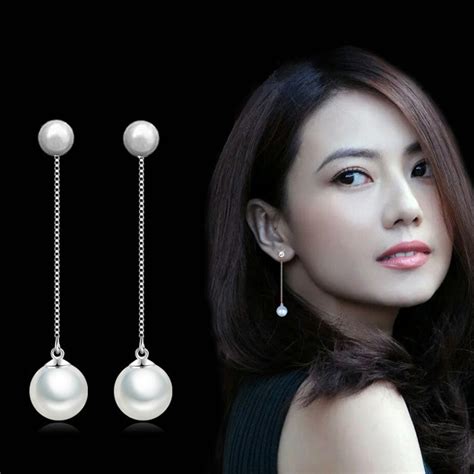 fashion silver earrings double artificial pearl earrings long
