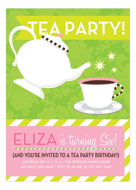 green and pink tea party invitations polka dot design
