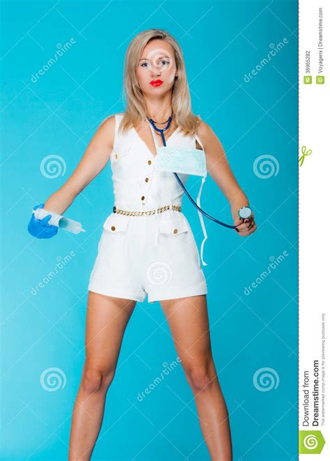 Funny Sexy Girl Doctor Nurse With Syringe Stethoscope