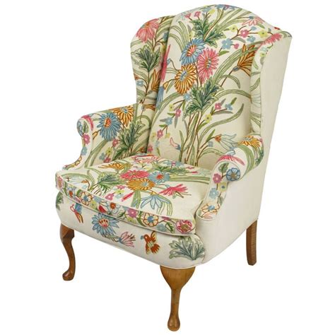 colorful floral wool crewel upholstered wing chair  stdibs
