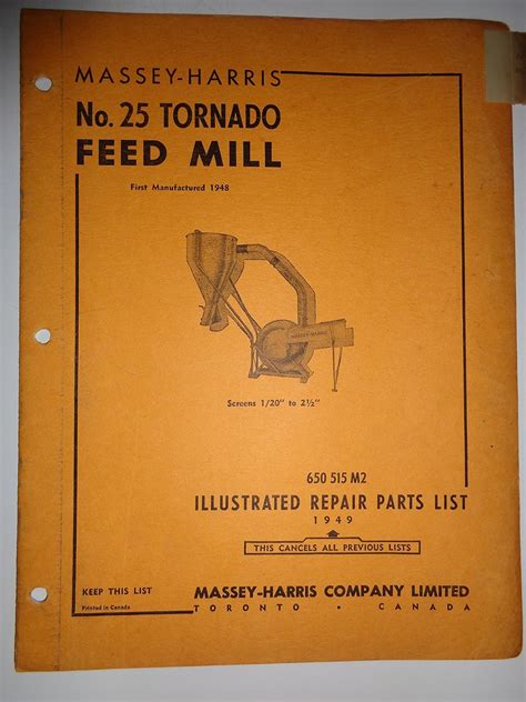massey harris   tornado feed mill parts catalog book manual