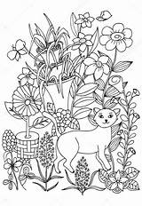 Coloring Flowers Cat Stock Depositphotos sketch template