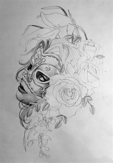 Schöne Frau Mit Maske Und Blumen Face Tattoos Badass Tattoos Skull