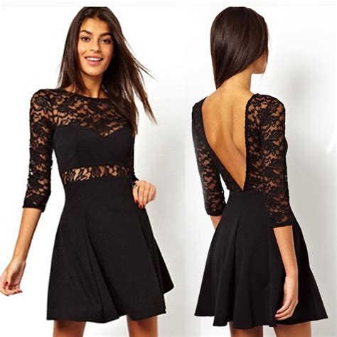 2014 Sexy Big V Shaped Open Back Short Black Lace Dresses