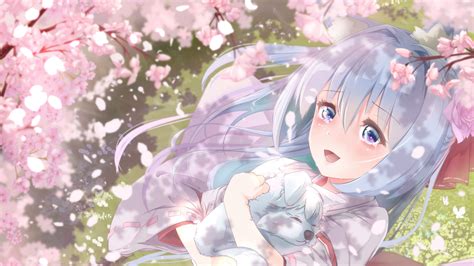 White Hair Purple Eyes Anime Girl Neko Ears Pink Blossom Flowers Trees