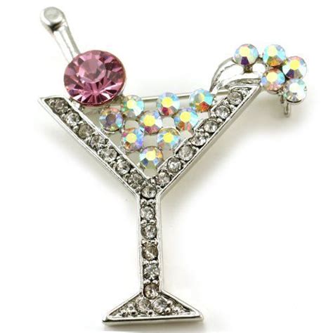 Party Cocktail Martini Glass Brooch Pin Red Clear Stone