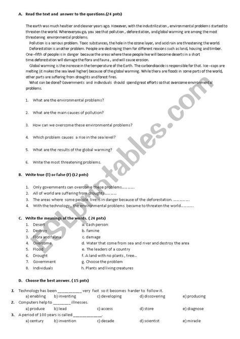 sample exam paper esl worksheet  engteacherszone