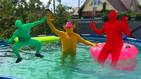 Red Man Jumped Into Pool And Turned In Diver Green Man And Yellow Man In