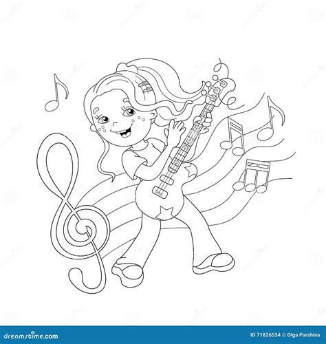 coloring page outline  girl playing  guitar stock vector image
