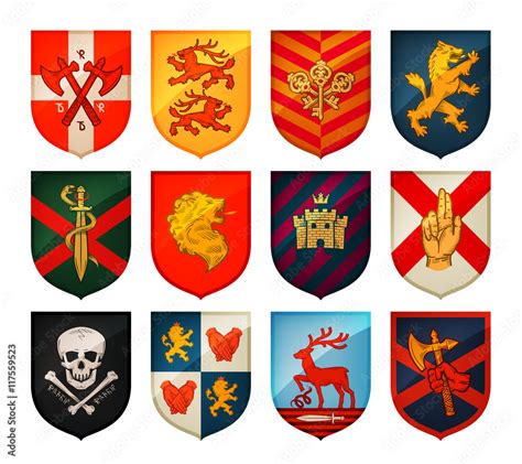 collection  medieval shields  coat arms kingdom empire castle vector symbols stock