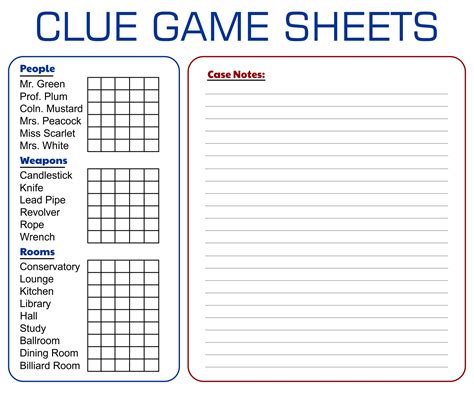 printable clue game sheets customize  print
