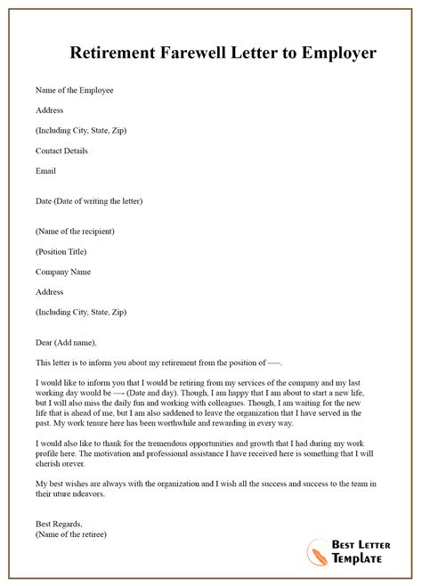 retirement farewell letter  employer  letter template