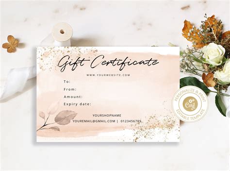 editable gift certificate template blush pink corjl printable abstract