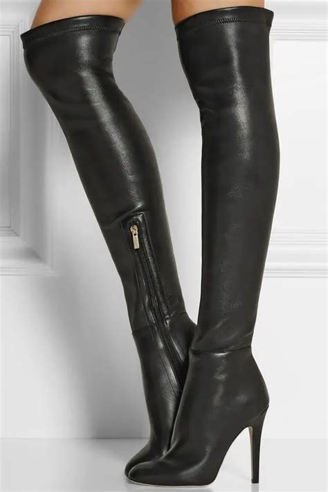 Women Chic Black Leather Stiletto Heels Thigh High Boots European