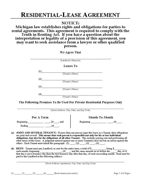 michigan residential lease agreement template word  eforms