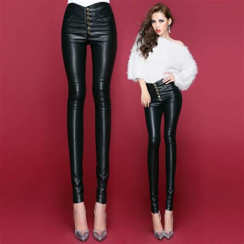 women pu leather pants 2015 fashion high waist tight fitting butt