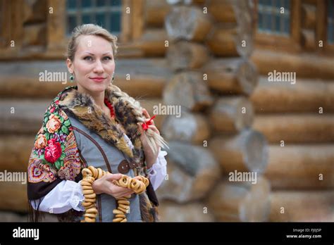 Young Russian Woman In A Traditional Russian Headscarf Moscow Russia