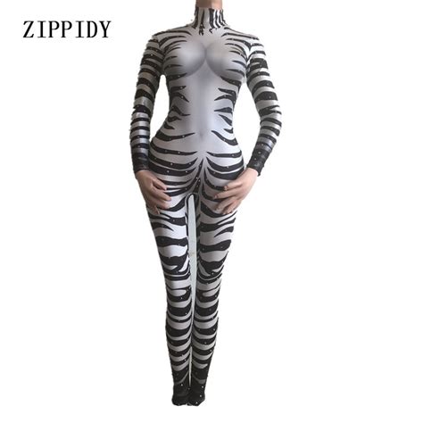 Zebra Printed Rhinestone Jumpsuit Female Sexy Stretch Leggings Cosplay