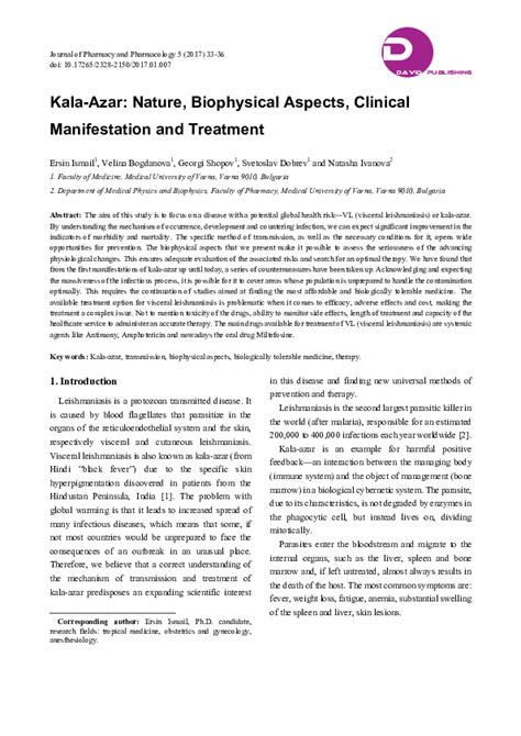 Pdf Kala Azar Nature Biophysical Aspects Clinical Manifestation