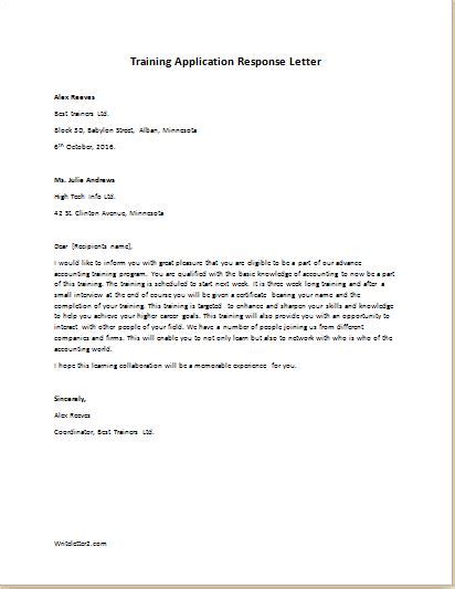 training application response letter writelettercom
