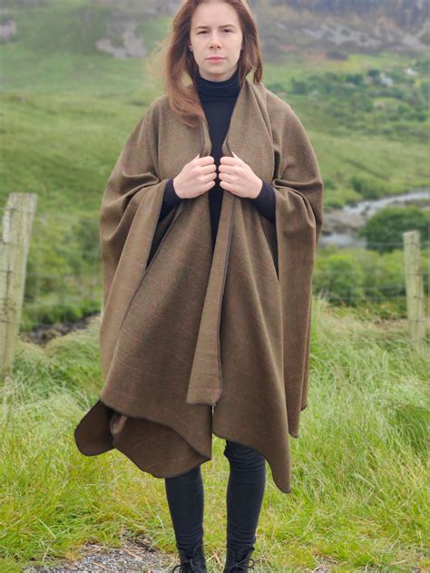 irish woven wool ruana cape wrap cloak soft wool bronzegreen  pink bar check