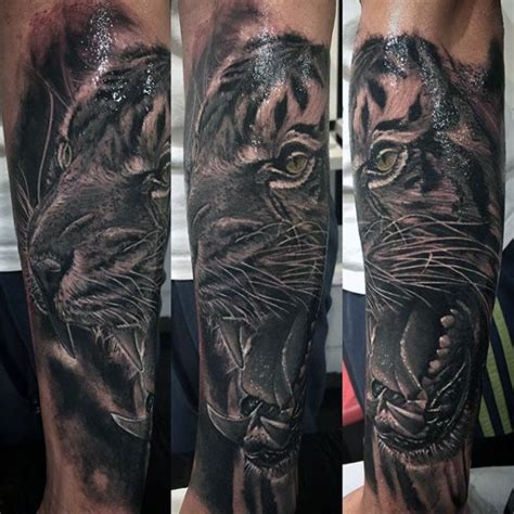 Realism Style Black And White Forearm Tattoo Of Tiger Face